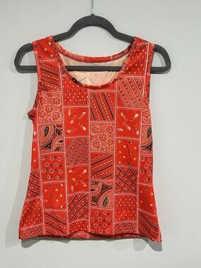 Douglas Marc VTG 70s Red Patchwork Bandana Print Sleeveless Tank Top Boho S 9/10